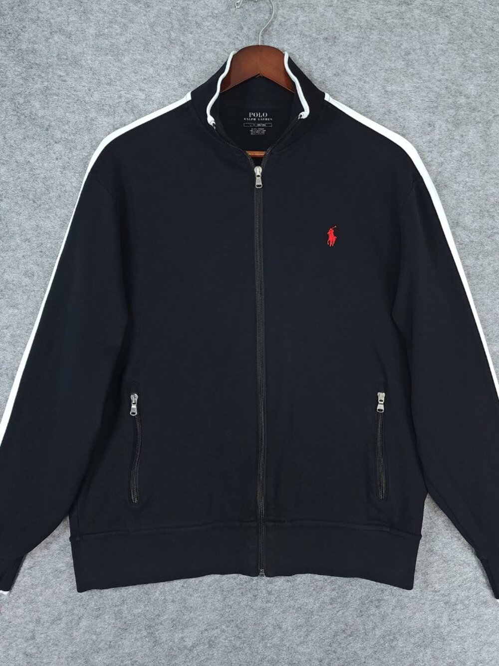 Polo Ralph Lauren Mens Full Zip Track Jacket Large Black White Stripe Red Pony